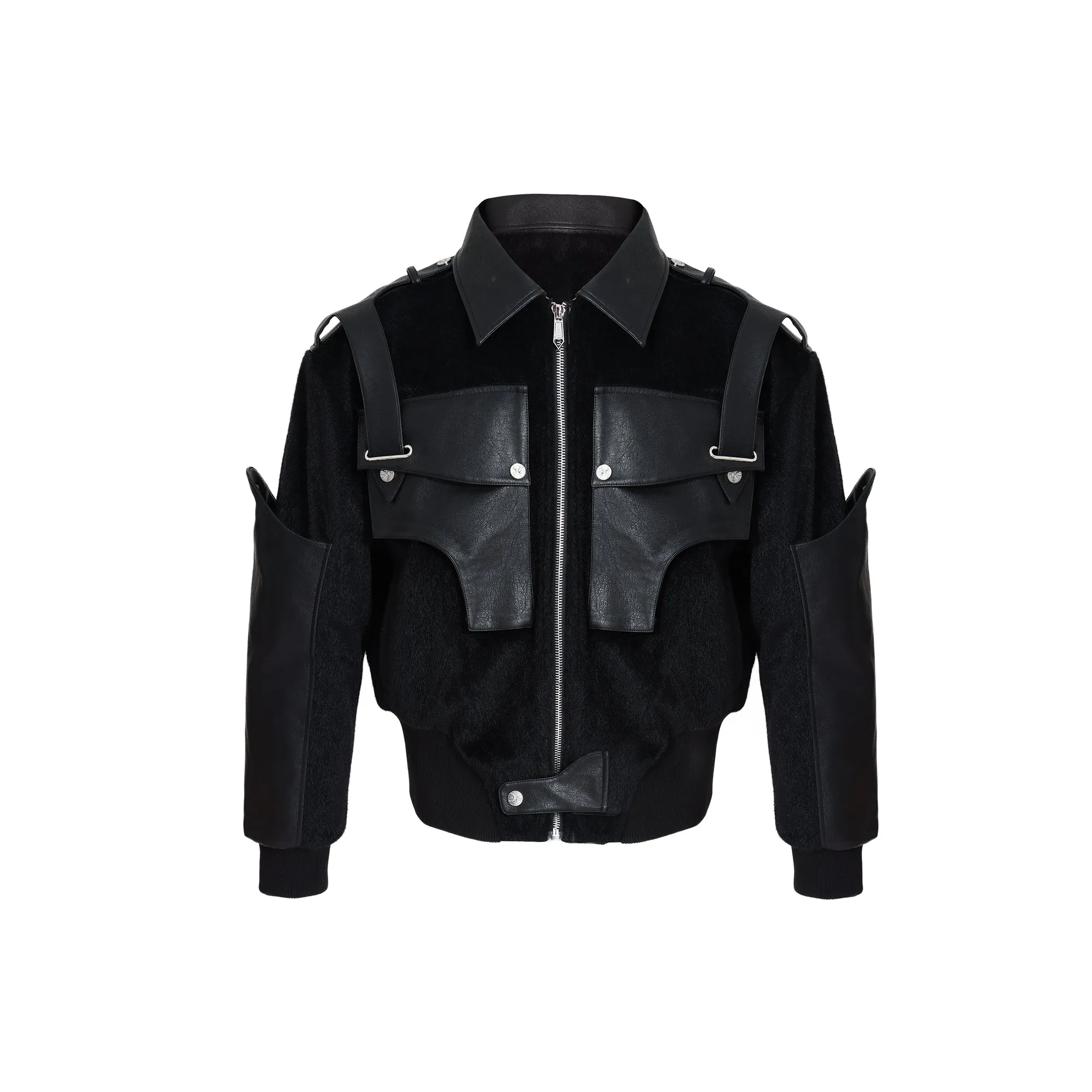 【24s Nov.】Deconstructed Double-layered Mecha PU Leather Patchwork Woolen Short Jacket