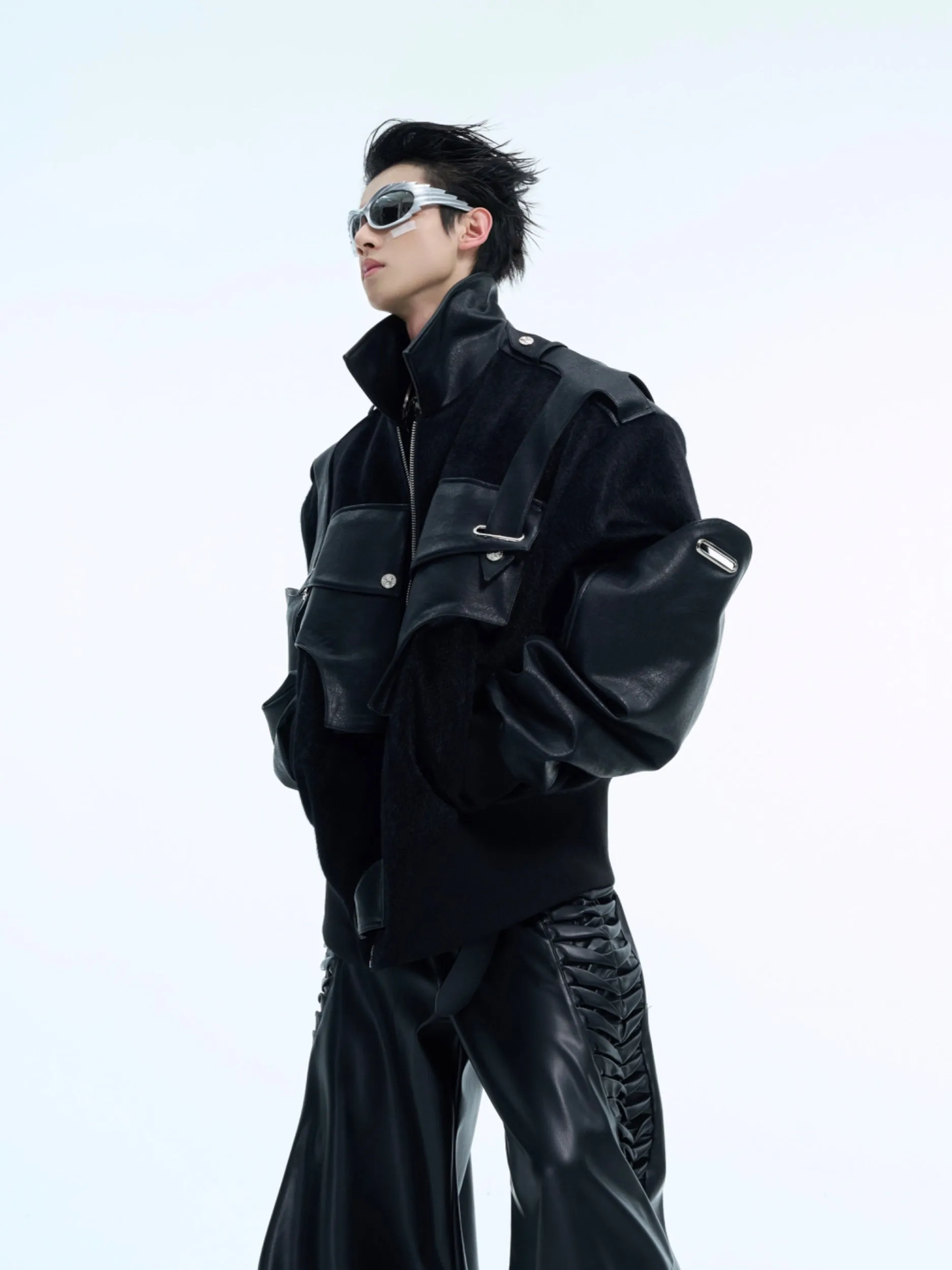 【24s Nov.】Deconstructed Double-layered Mecha PU Leather Patchwork Woolen Short Jacket