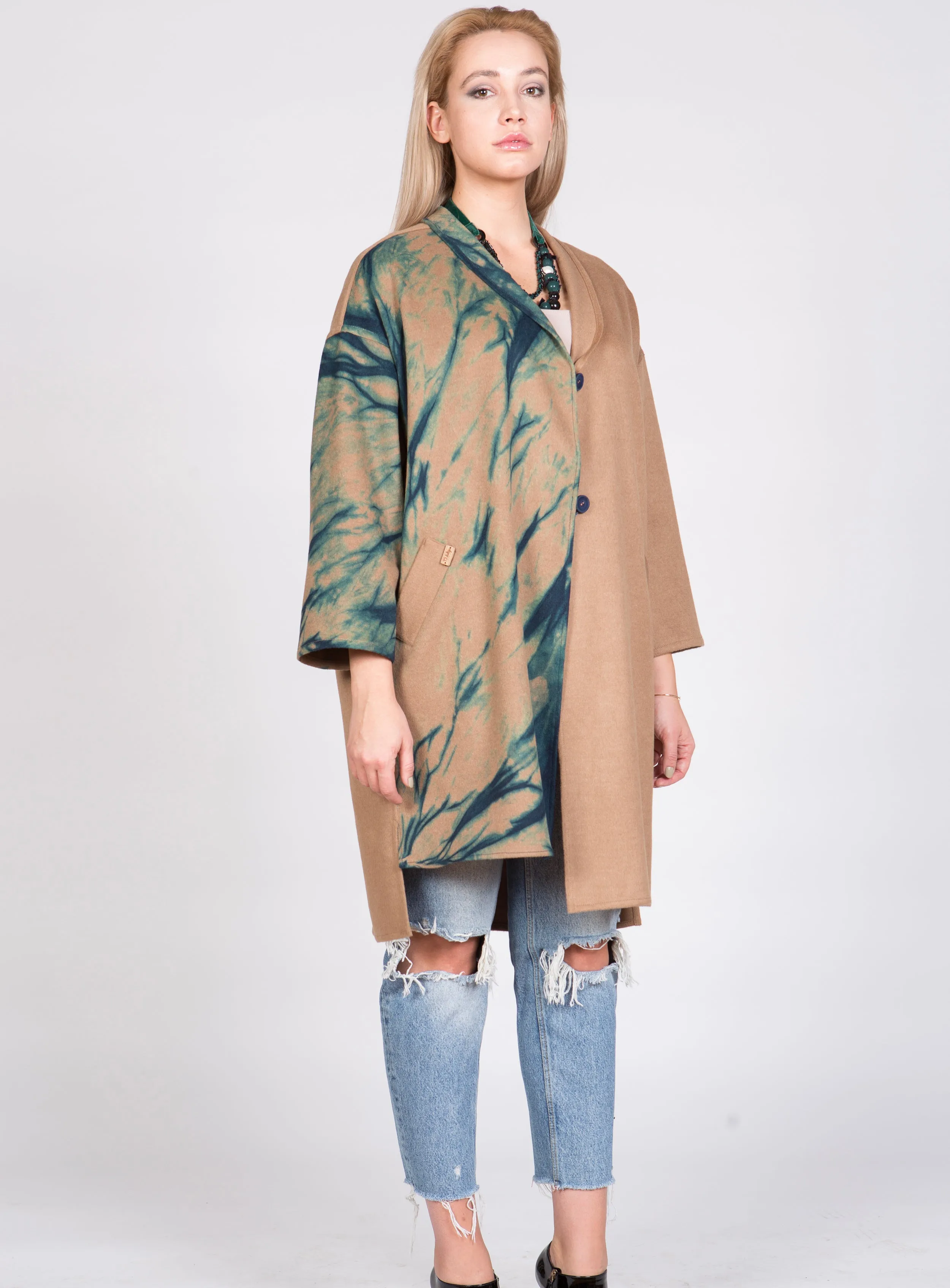 Asymmetrical Cashmere Wool Coat with Wrap Collar