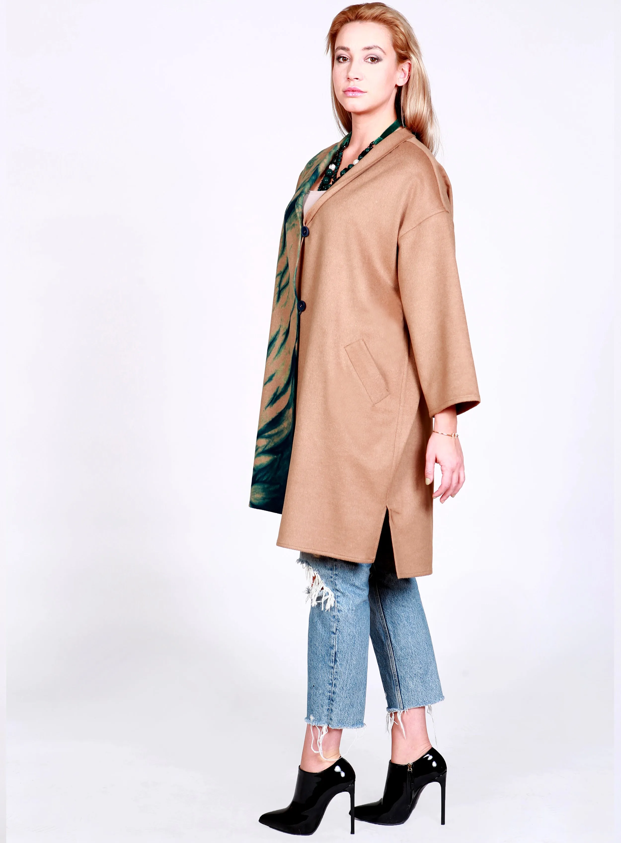 Asymmetrical Cashmere Wool Coat with Wrap Collar