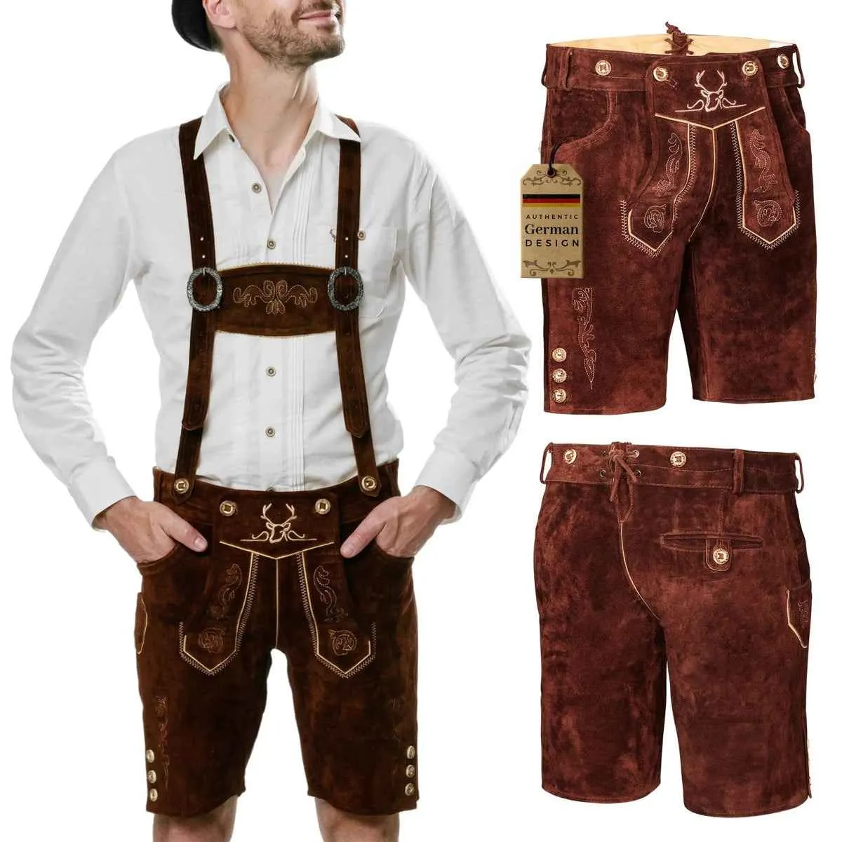 Bavarian Lederhosen Men Short Dark Brown