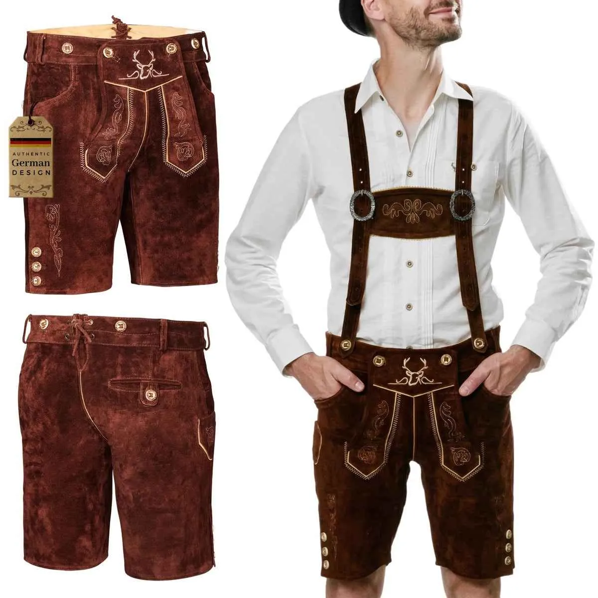 Bavarian Lederhosen Men Short Dark Brown