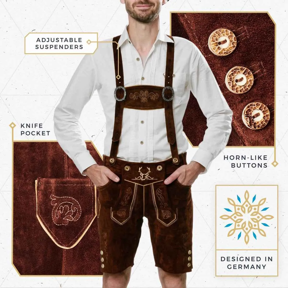 Bavarian Lederhosen Men Short Dark Brown