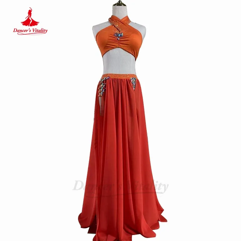 Bellydance Costume Senior AB Stones Bra split Chiffon Long Skirt 2pcs for Women Customzied Oriental Belly Dancing Wear Suit