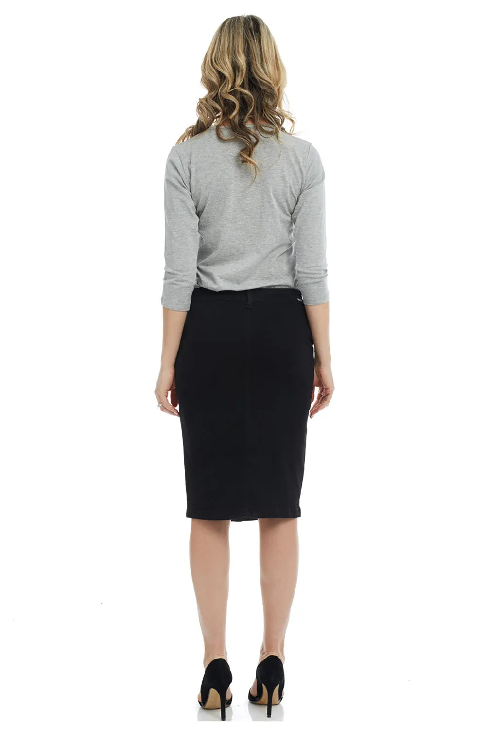 Black Modest Knee Length Denim Pencil Skirt 'Montreal'