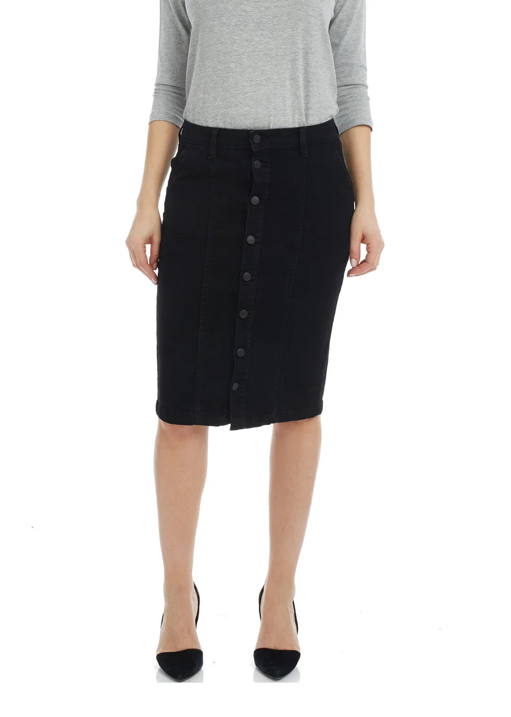 Black Modest Knee Length Denim Pencil Skirt 'Montreal'