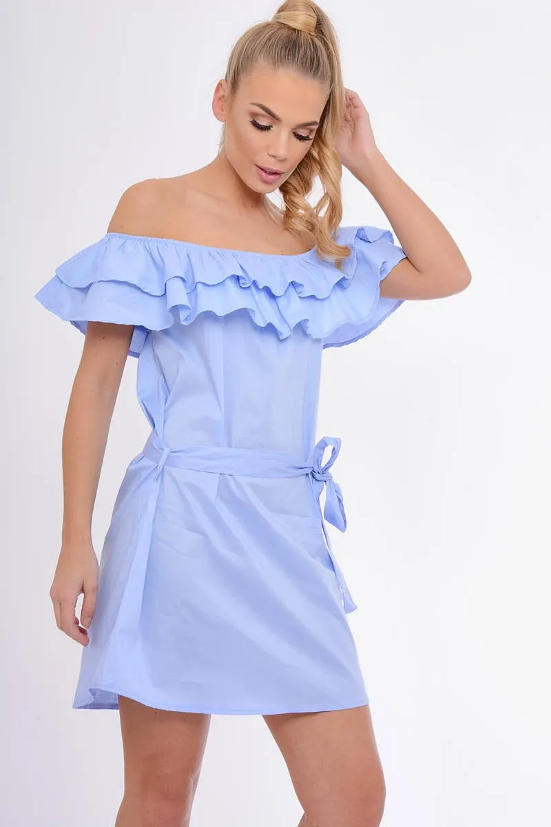 Blue Frill Bardot Tie Waist Shirt Dress - Ally