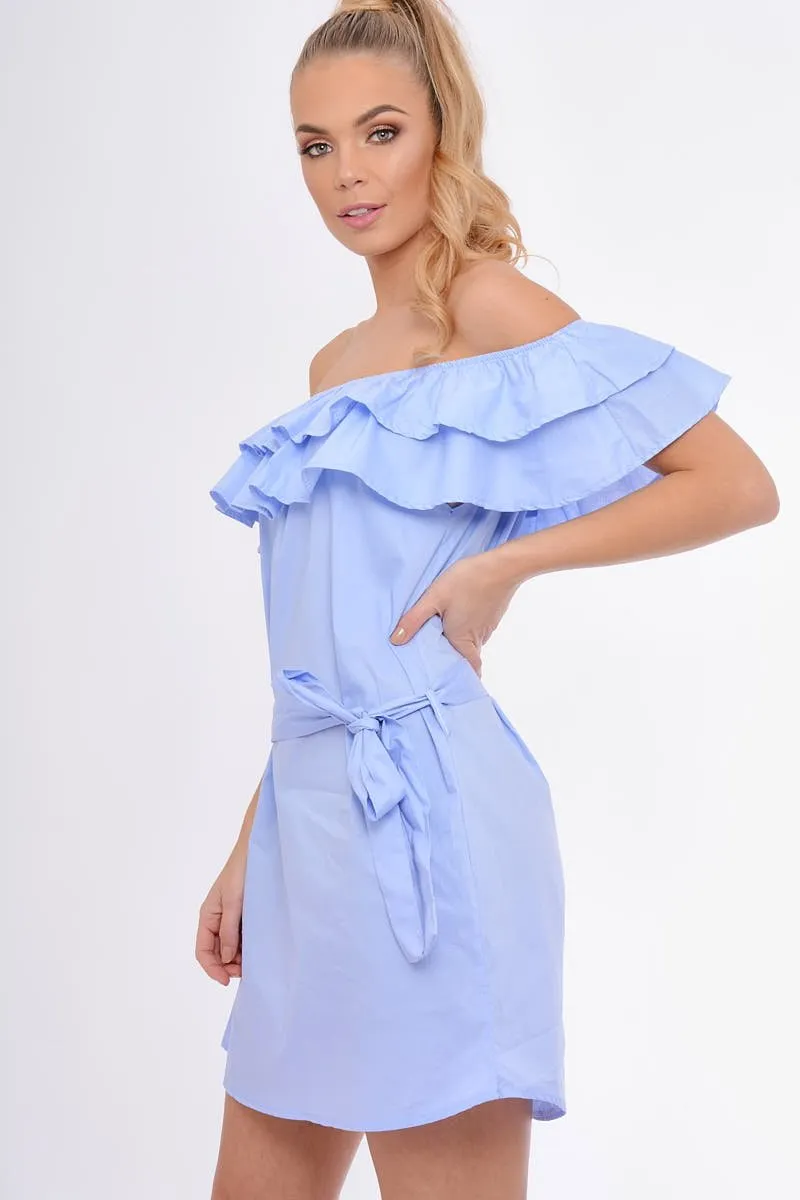 Blue Frill Bardot Tie Waist Shirt Dress - Ally