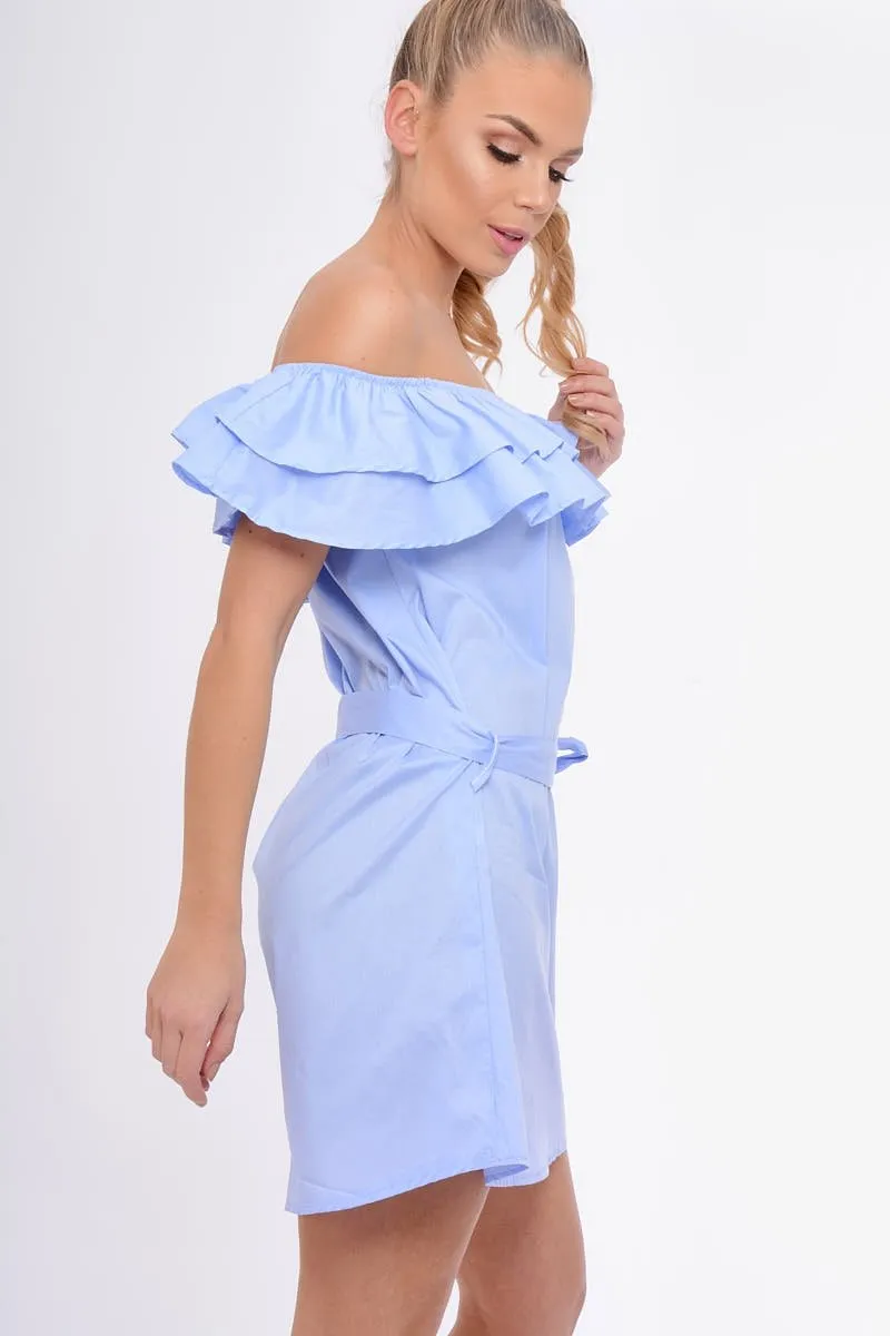 Blue Frill Bardot Tie Waist Shirt Dress - Ally