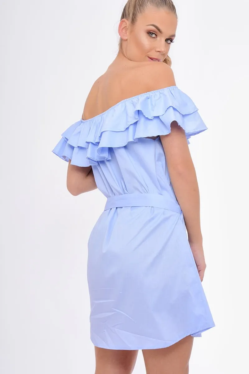 Blue Frill Bardot Tie Waist Shirt Dress - Ally