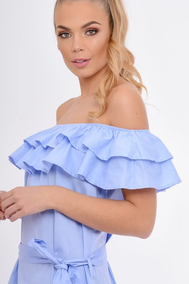 Blue Frill Bardot Tie Waist Shirt Dress - Ally