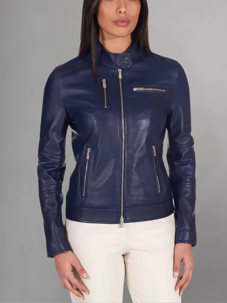 Blue natural leather biker jacket four zipper pockets