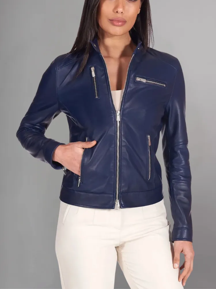 Blue natural leather biker jacket four zipper pockets