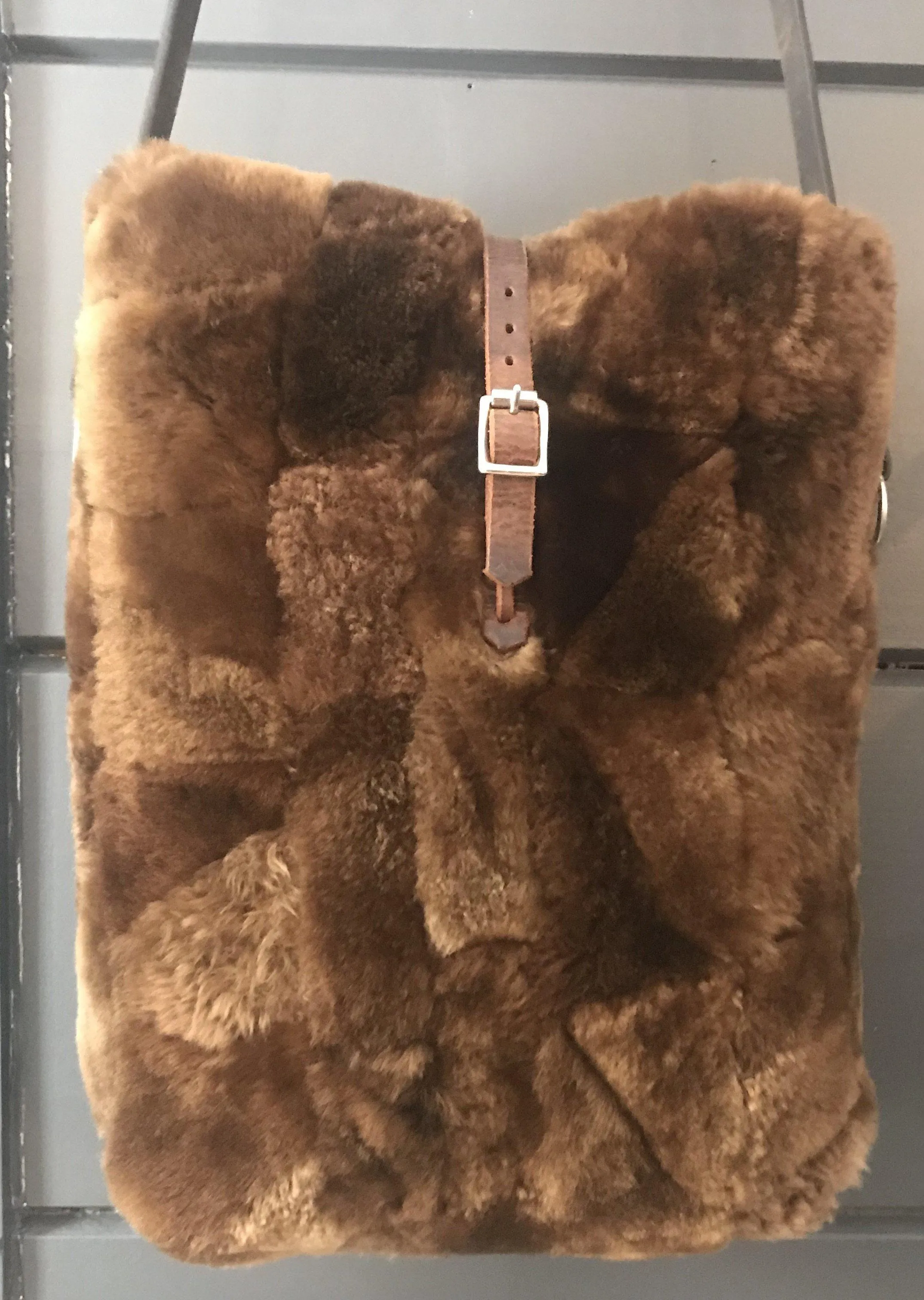 British Sheepskin Fur Purse/Bag with Belgian Postal Wallet Pocket and Quilted Silver Lining with Bridle leather straps