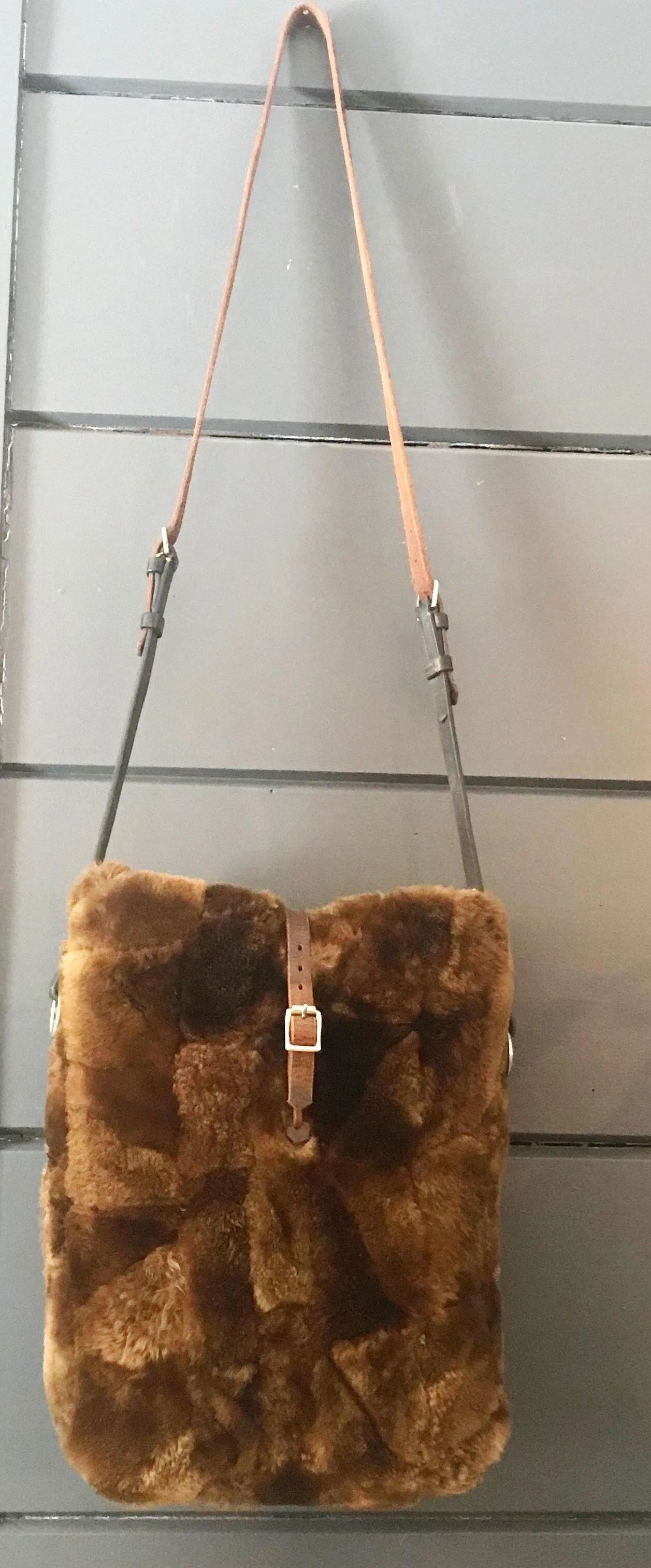 British Sheepskin Fur Purse/Bag with Belgian Postal Wallet Pocket and Quilted Silver Lining with Bridle leather straps