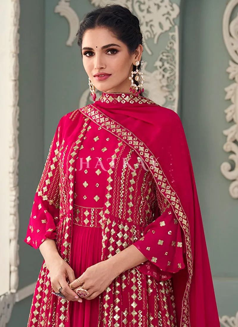 Cherry Red Golden Sequence Embroidered Jacket Style Anarkali Suit