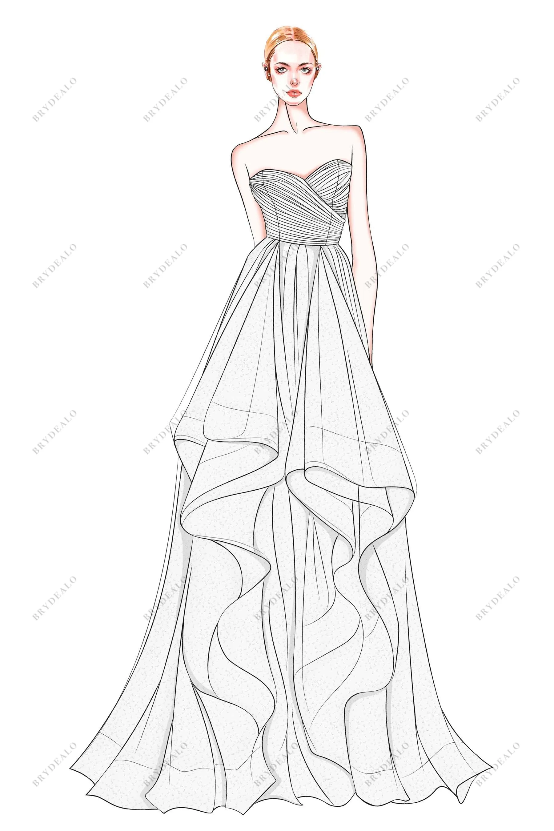 Custom Pleated Sweetheart Neck Ruffled Floor Length Wedding Dress Sketch