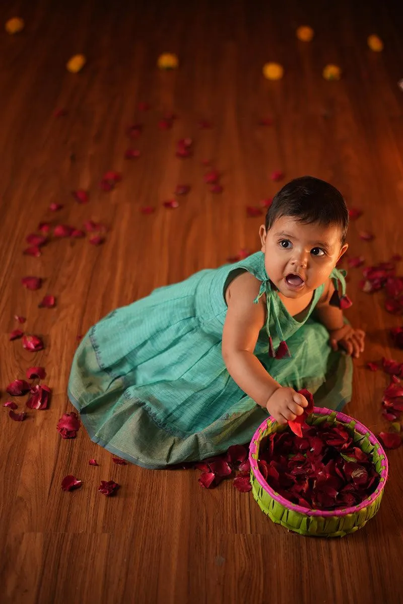 Dahlia sleeveless infant pleated dress in handwoven cotton silk