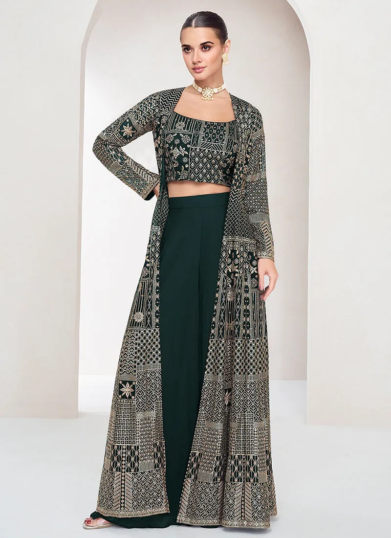 Dark Green Embroidered Jacket Style Palazzo Suit