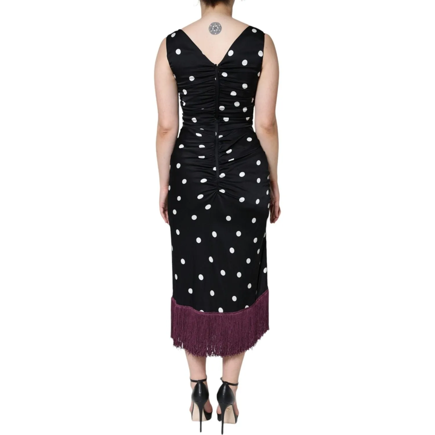 Dolce & Gabbana Black Silk Polka Dot V-neck Tassel Midi Dress