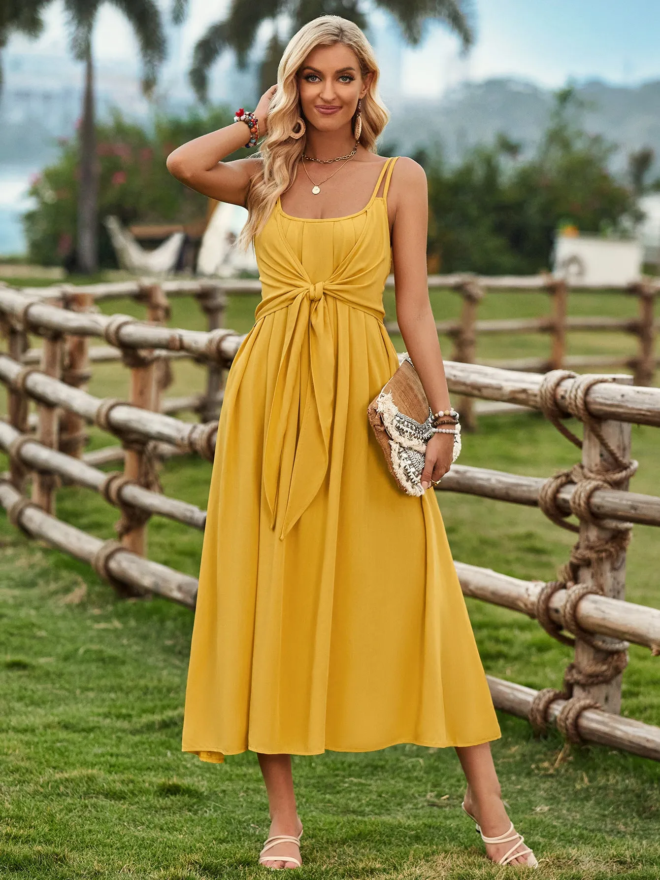 Elegant Solid Color Suspender Dress with Bow Waist Tie – Perfect for Spring & Summer