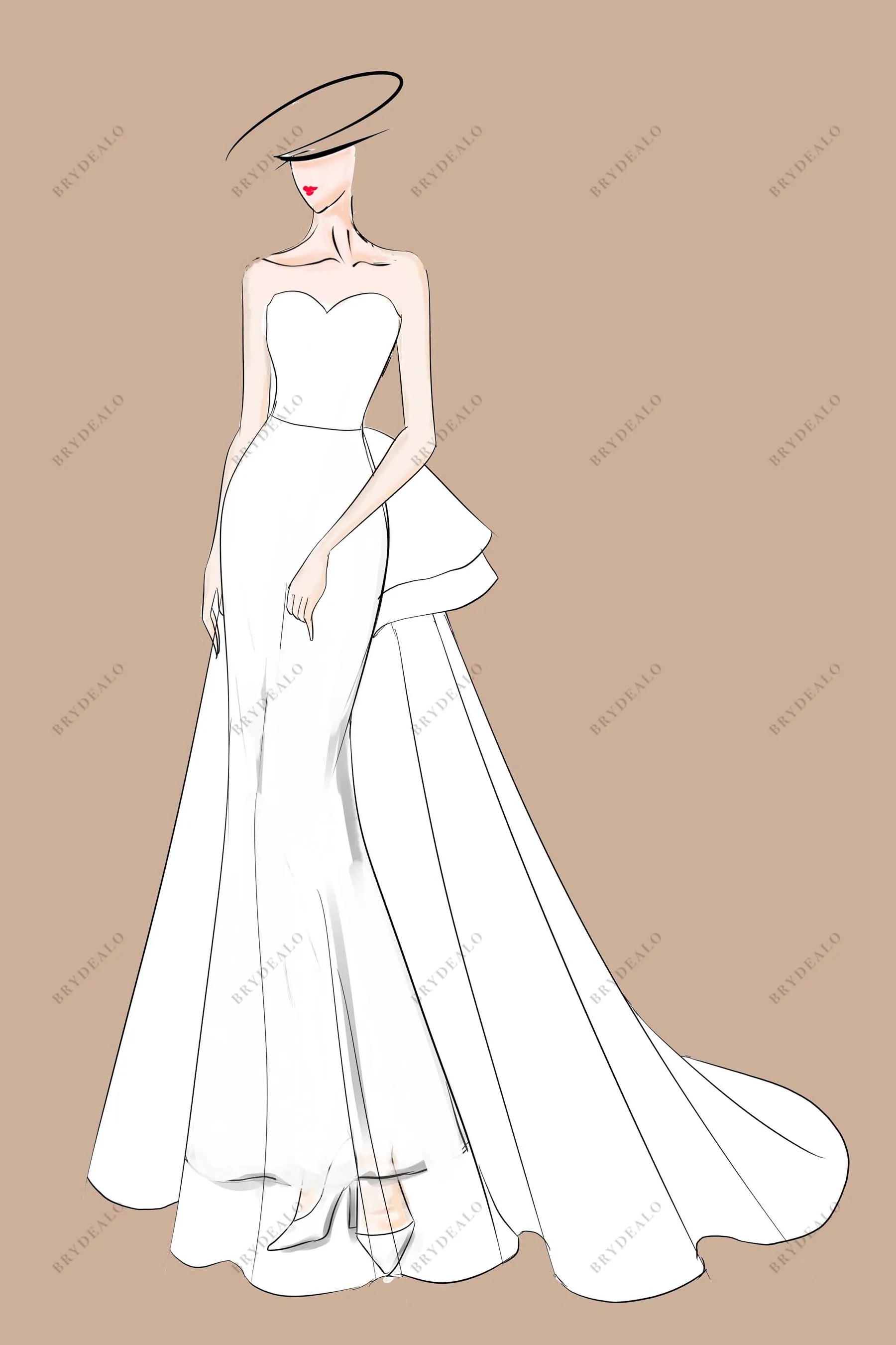 Elegant Strapless Mermaid Overskirt Wedding Dress Sketch