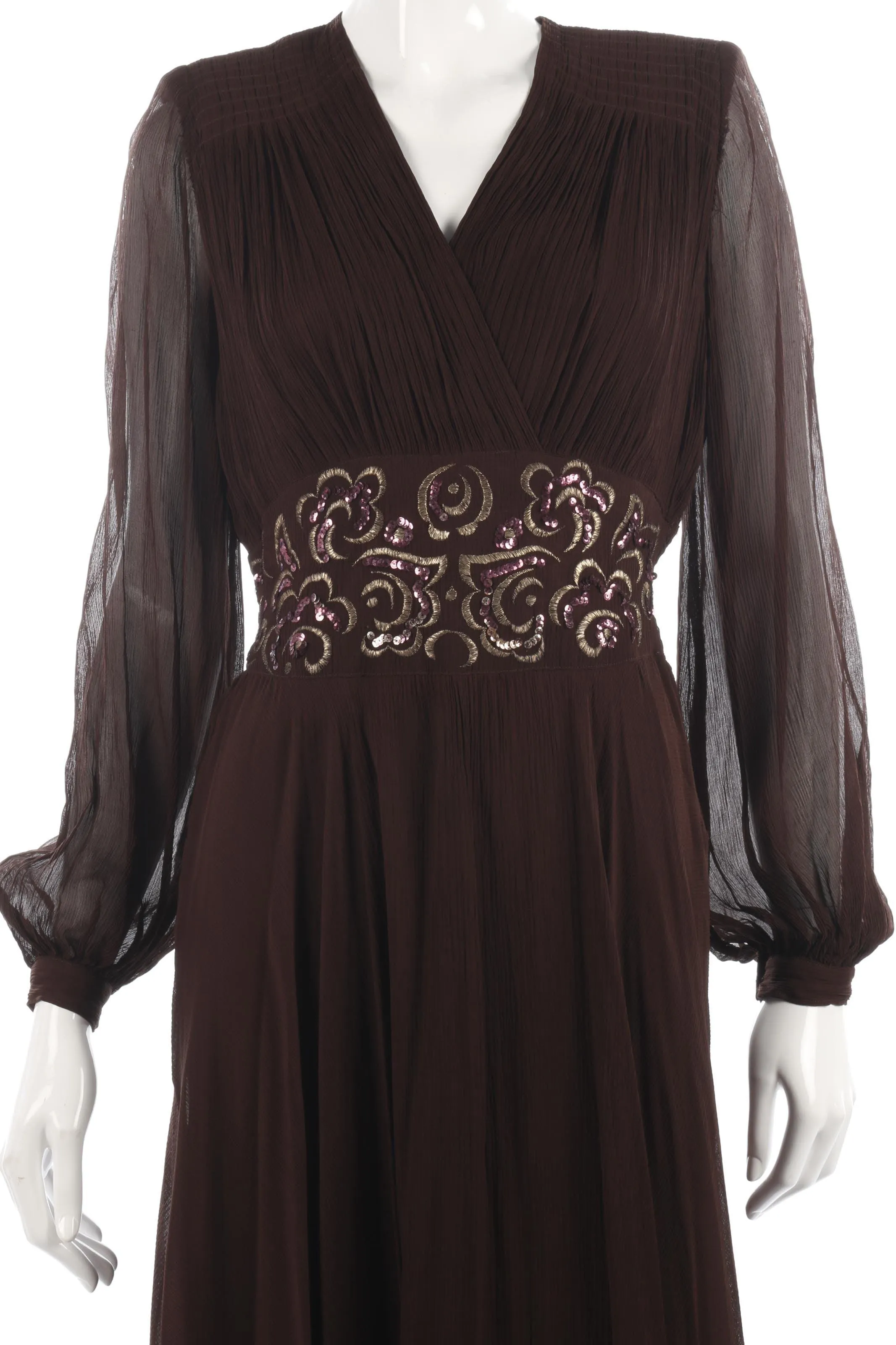 Fabulous silk chiffon brown vintage dress with sequin waist size S