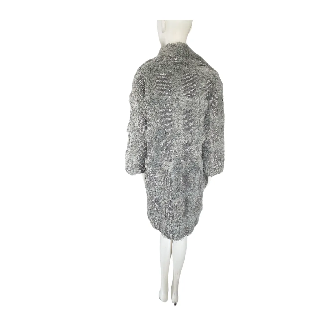 Faux Fur Patchwork Boyfriend Coat Grey Blue SIZE 14