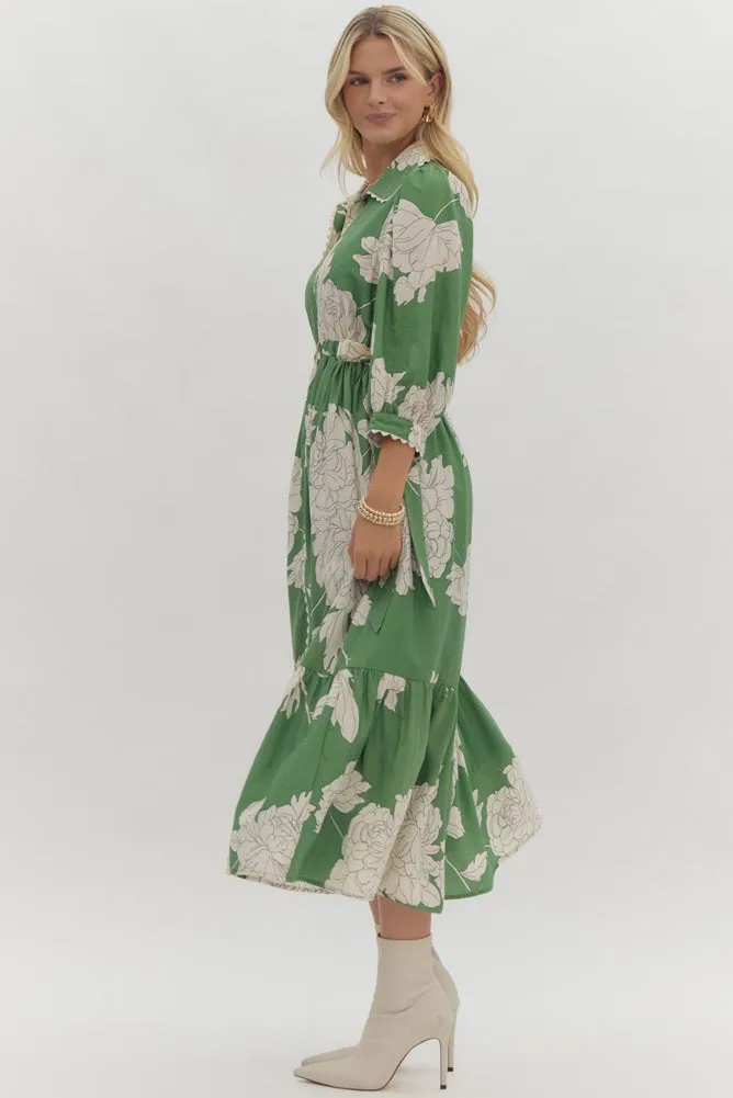 Floral Print Collared Button Up Midi Dress in Green by Entro