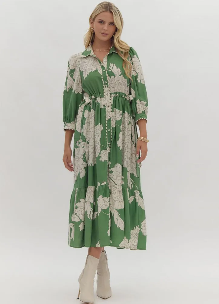 Floral Print Collared Button Up Midi Dress in Green by Entro