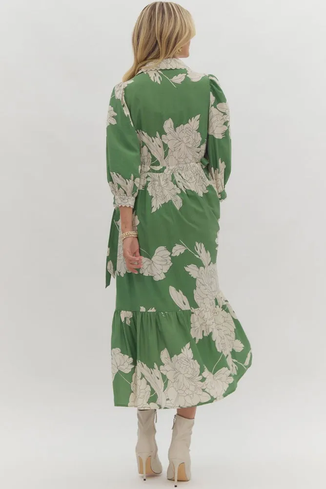 Floral Print Collared Button Up Midi Dress in Green by Entro