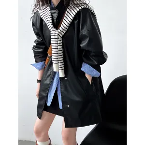 Flytonn-Fall Outfits Women Outwear Streetwear  birkenstock clogs outfit fall 2024 Autumn Minimalist French Neutral Cool Black Profile Stand Collar Mid-Length PU Leather Coat