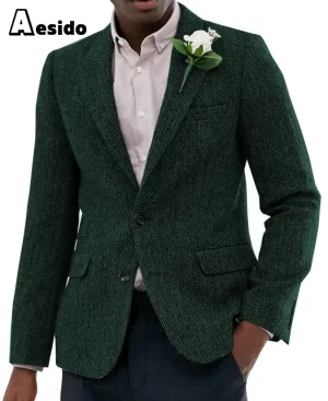 Formal Men's Wool Herringbone Notch Lapel Blazer