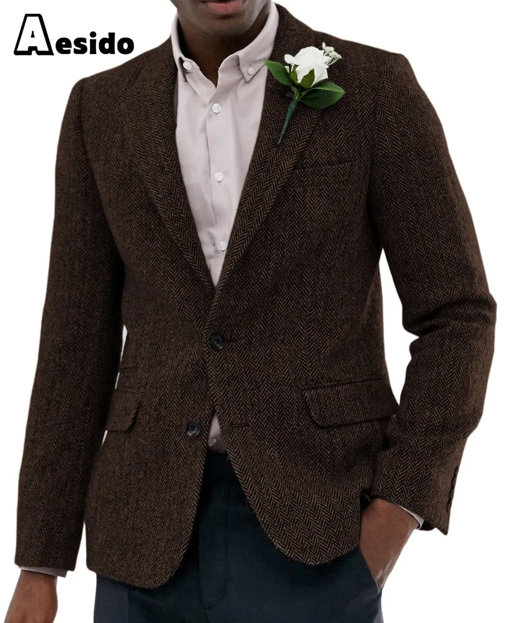 Formal Men's Wool Herringbone Notch Lapel Blazer