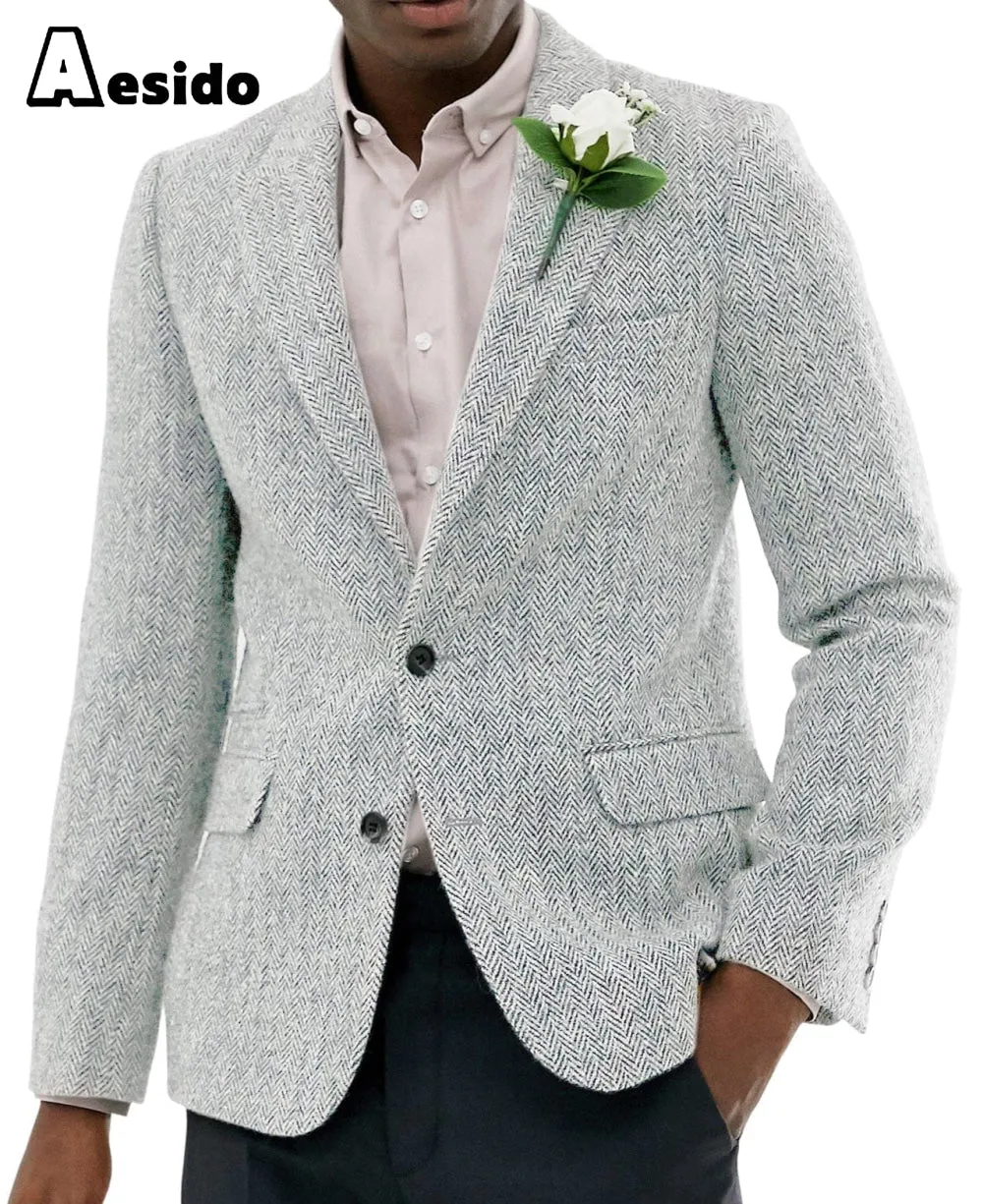 Formal Men's Wool Herringbone Notch Lapel Blazer