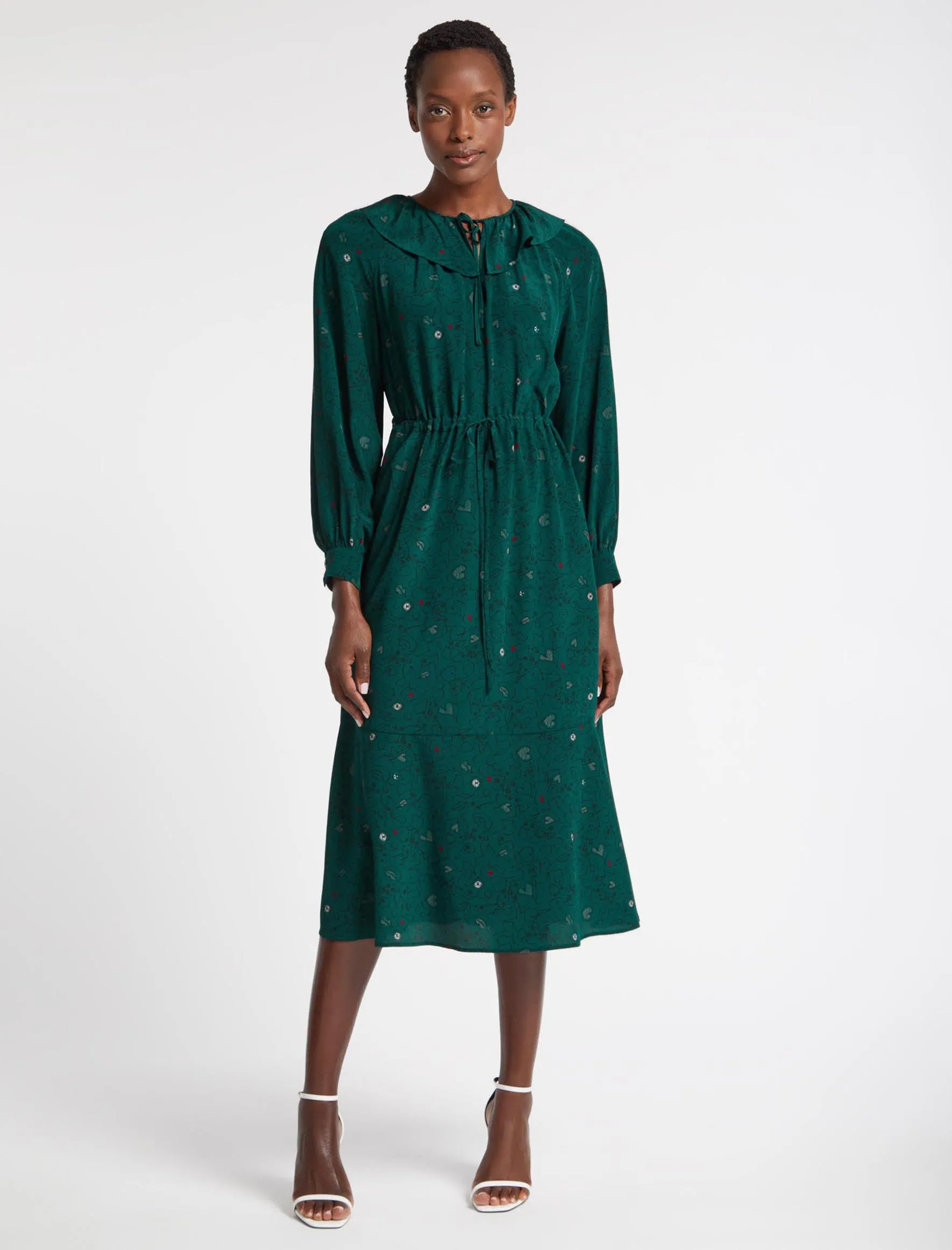 Georgia Silk Midi Dress - Dark Green Lips Eyes Print