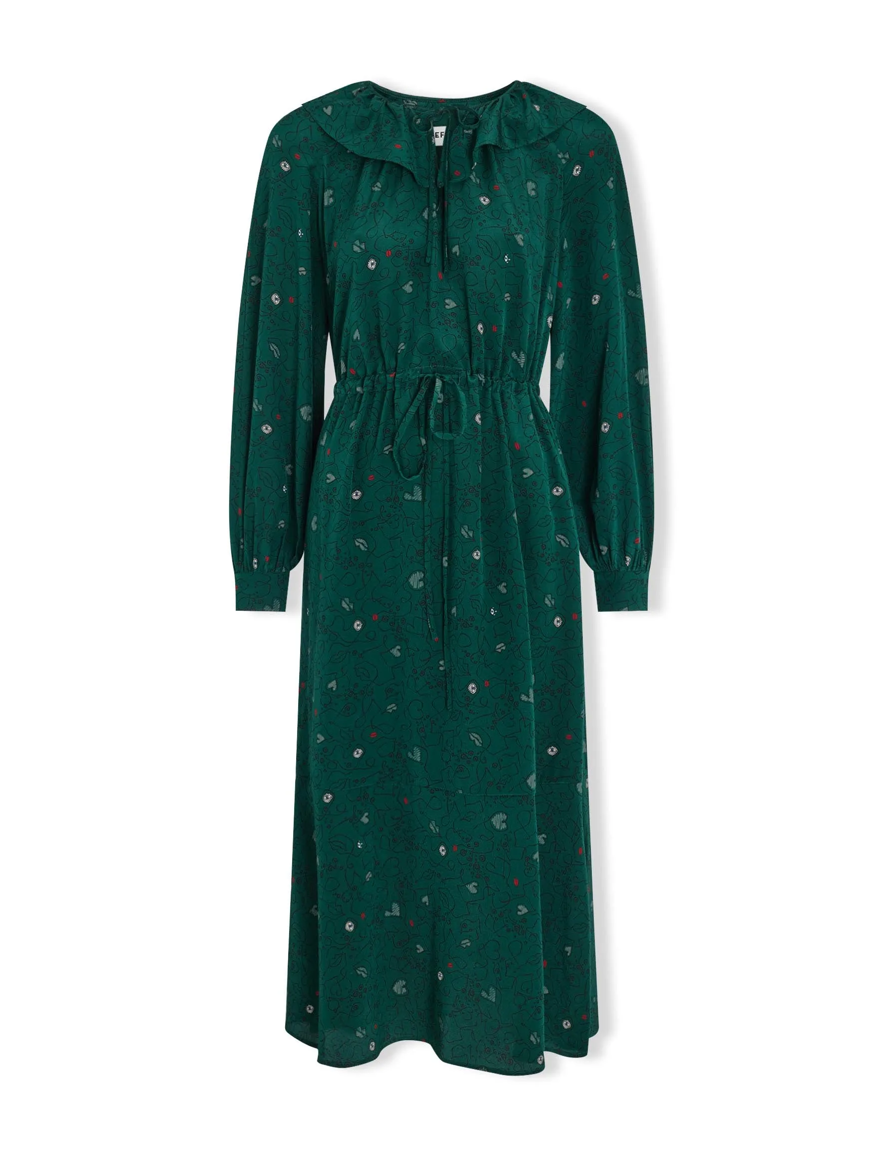 Georgia Silk Midi Dress - Dark Green Lips Eyes Print