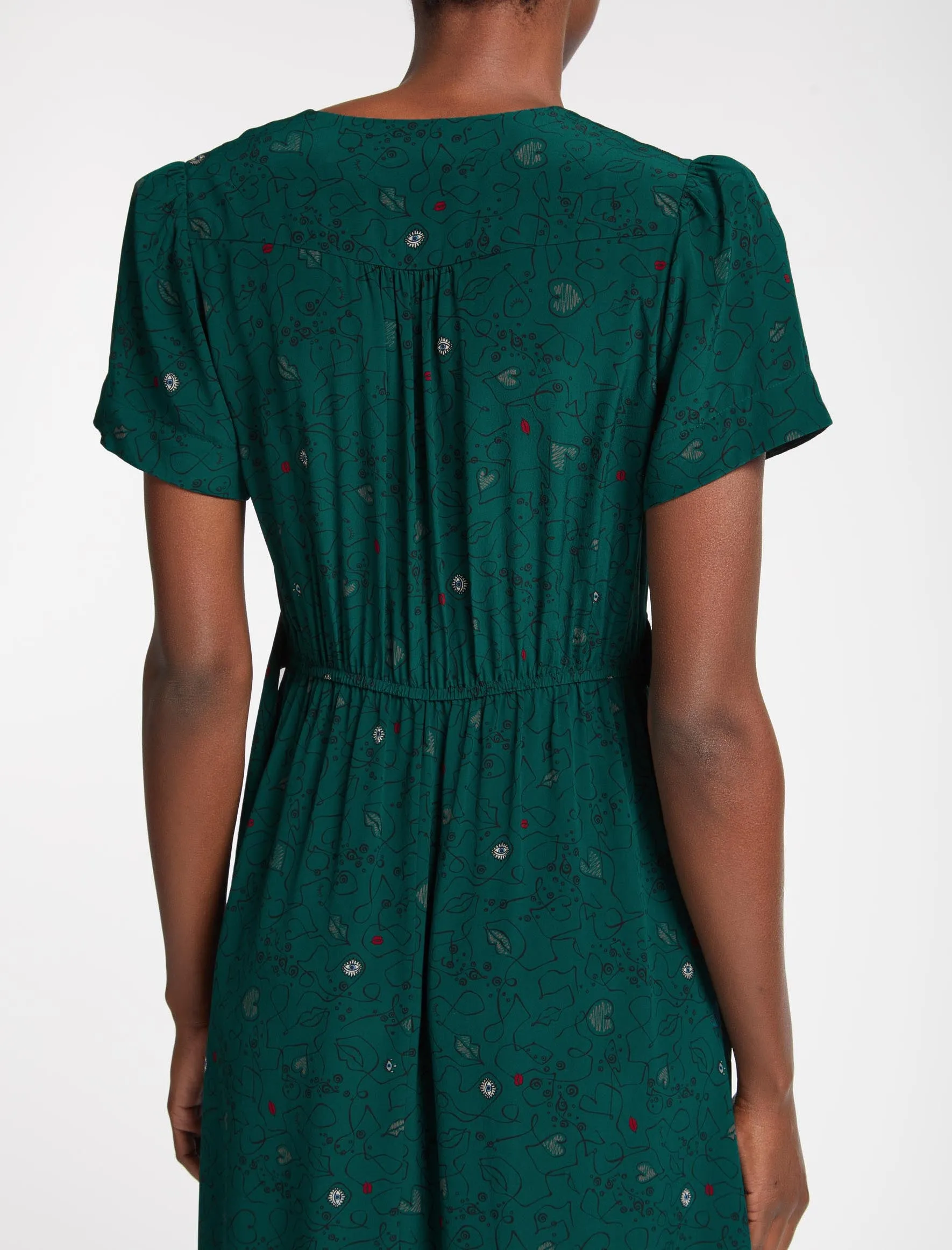 Georgia Silk Midi Dress - Dark Green Lips Eyes Print