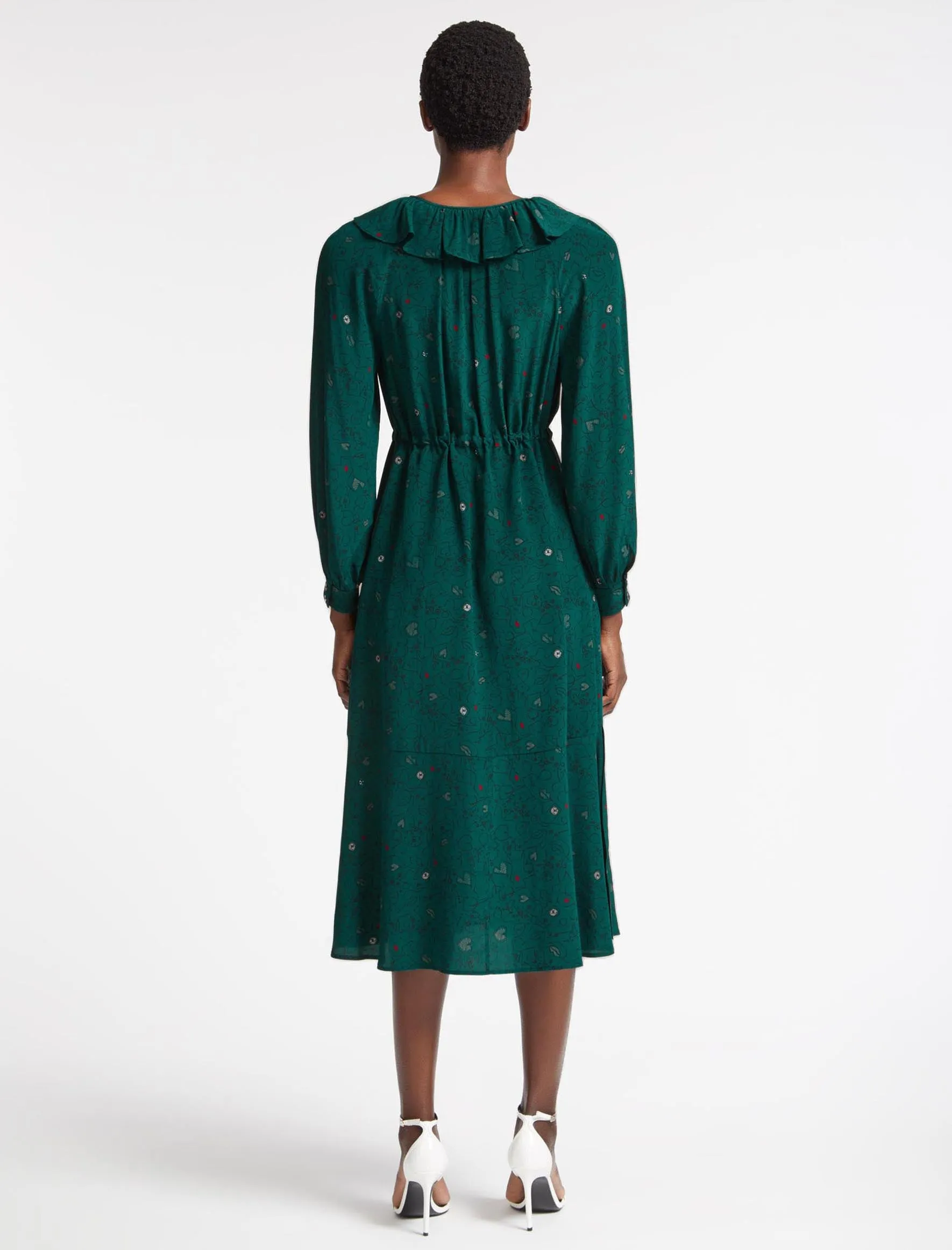 Georgia Silk Midi Dress - Dark Green Lips Eyes Print