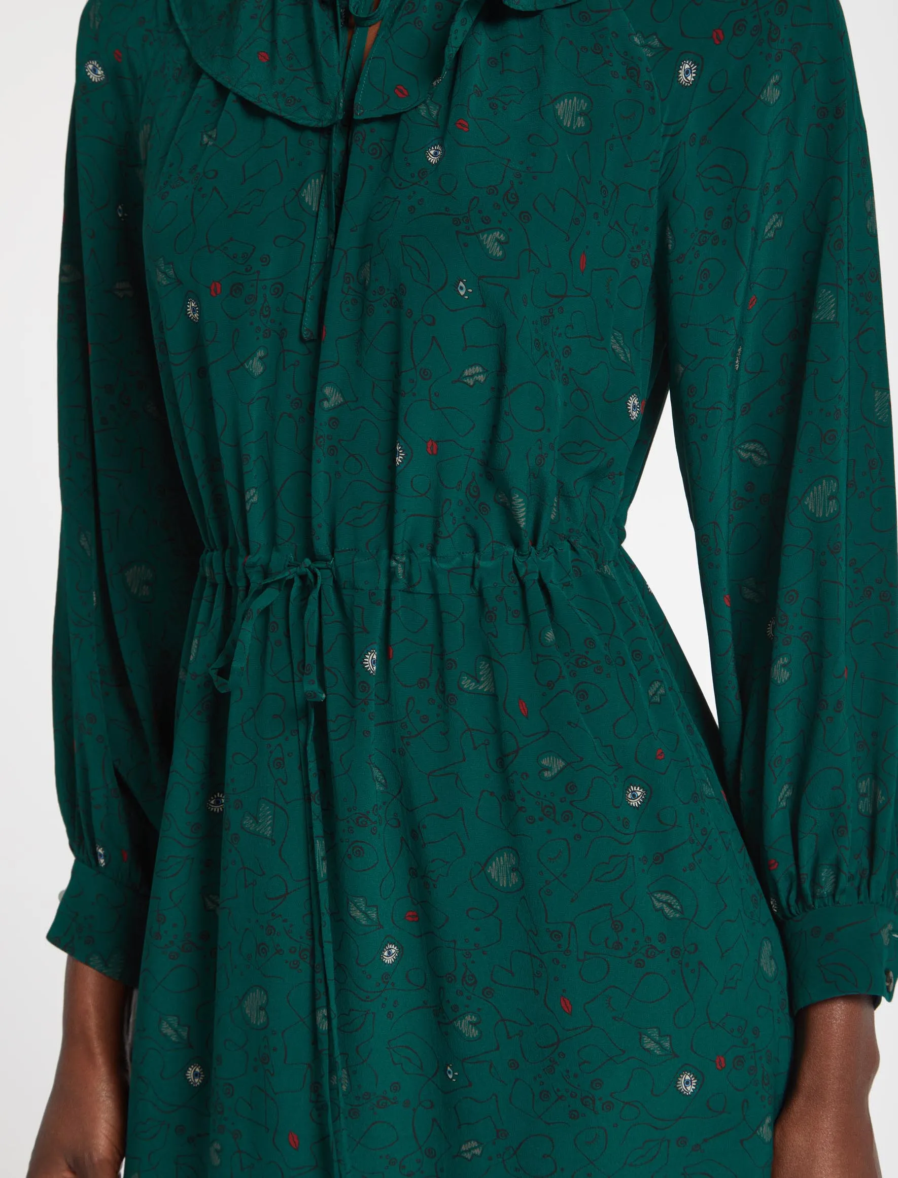 Georgia Silk Midi Dress - Dark Green Lips Eyes Print