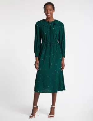 Georgia Silk Midi Dress - Dark Green Lips Eyes Print