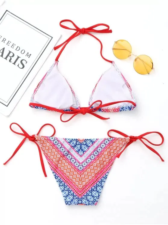 Gorgeous Printed Halter Bikini Top with String Bottoms