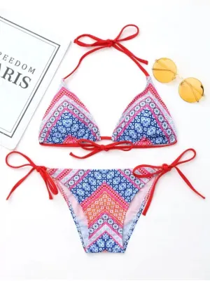 Gorgeous Printed Halter Bikini Top with String Bottoms