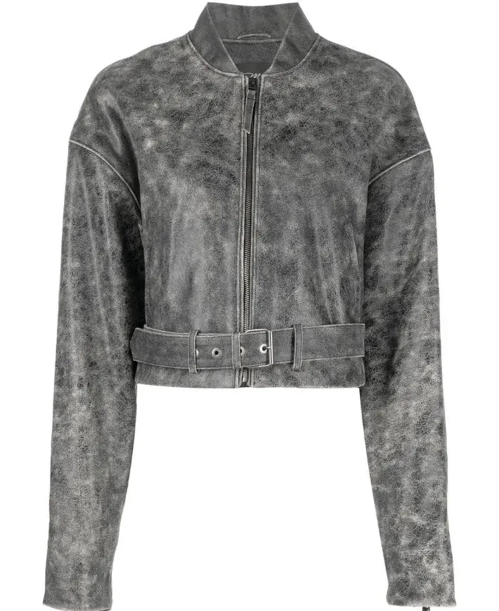 Gray Distressed Vintage Leather Jacket for Women