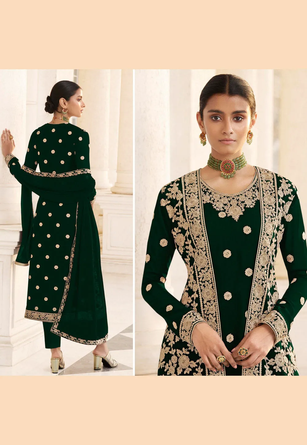 Green Embroidered Jacket Style Pant Suit