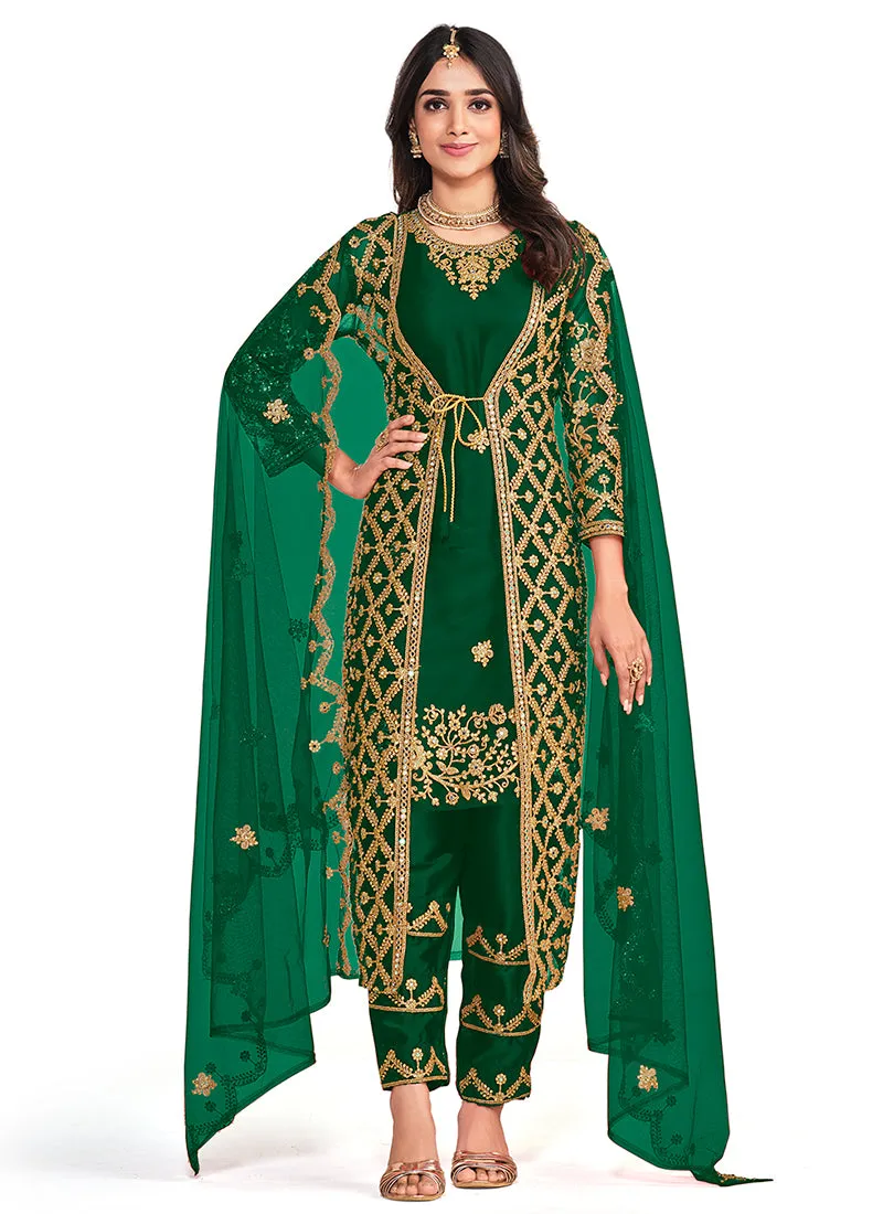 Green Mirror Work Embroidery Jacket Style Pant Suit