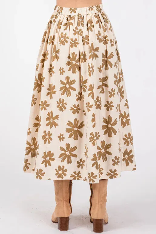 Groovy Petals Midi Floral Skirt in Baby Pink/Olive