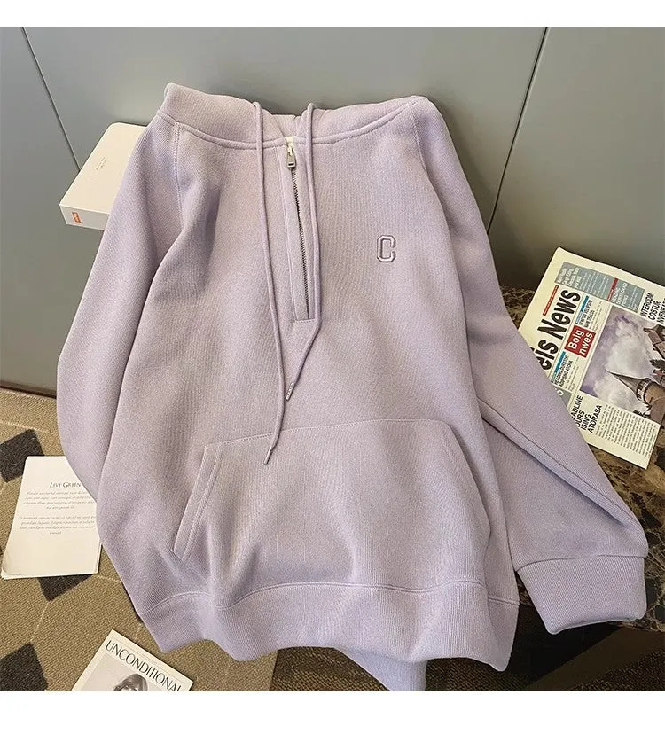 Half-zip hooded sweatshirt for women new casual pullover top jacket      S4935