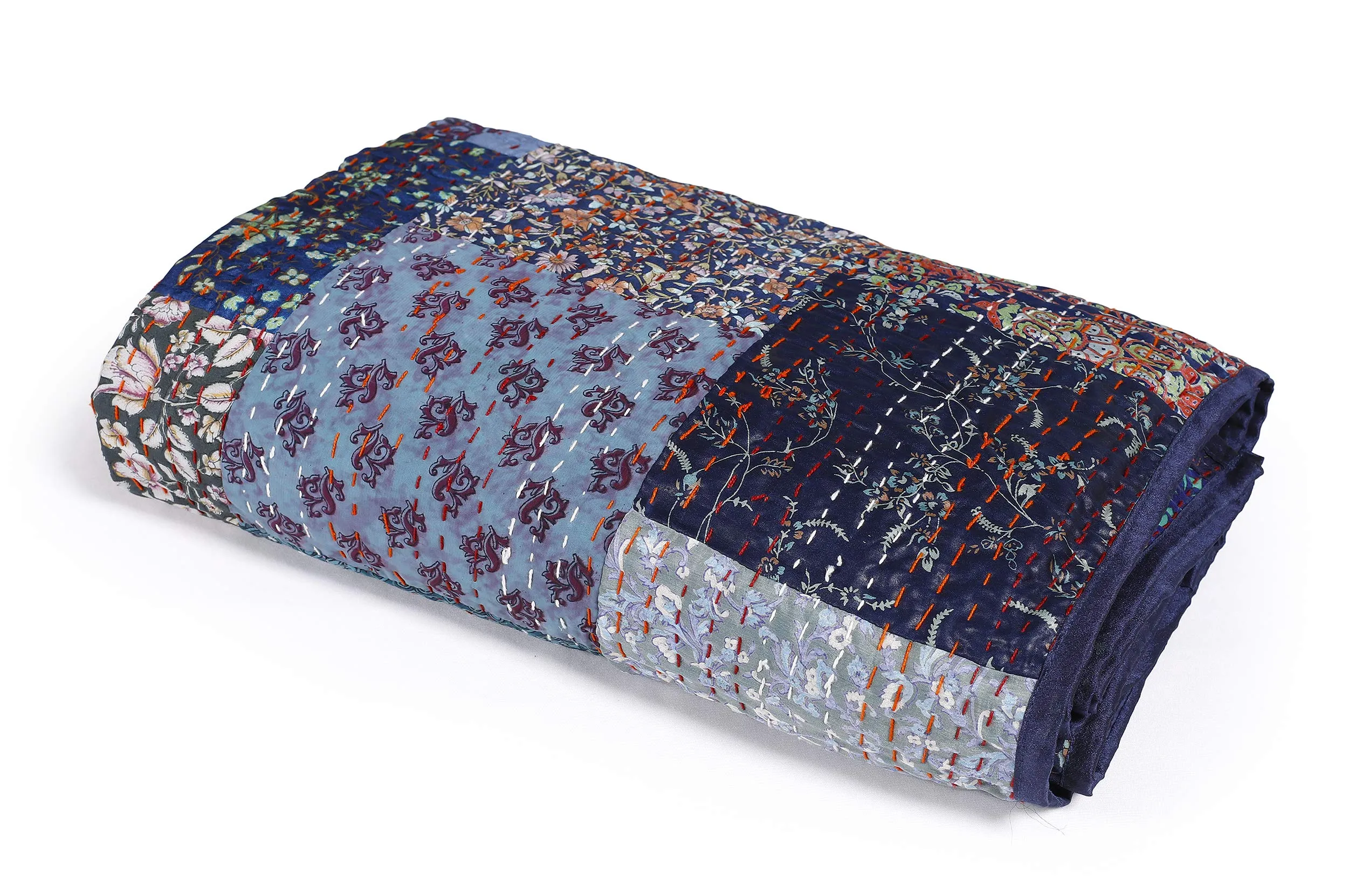 Handicraft-Palace Silk Patchwork Blanket Bedding Double Kantha Quilted Bedding & Linen Quilt (Blue_110" X90 Inch)