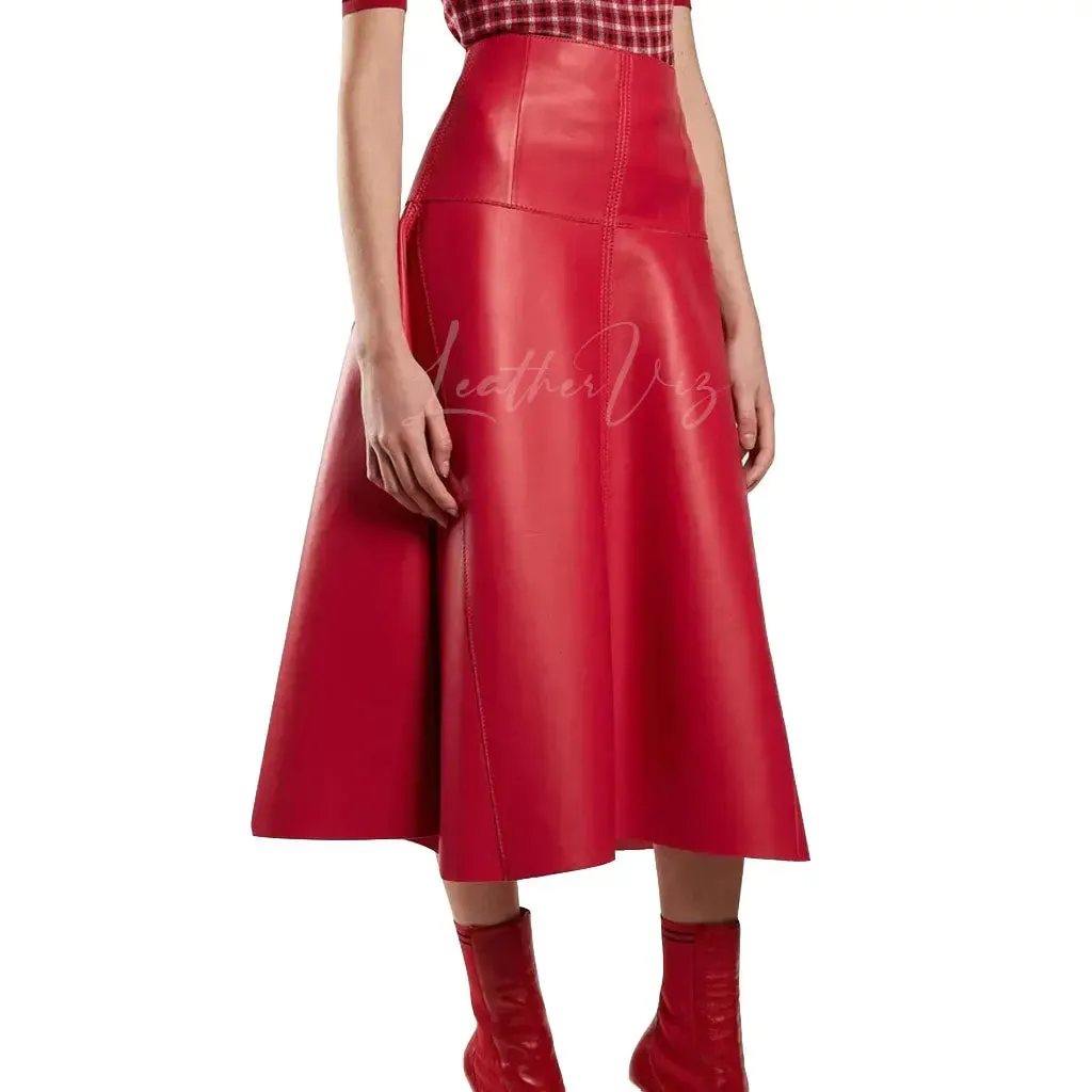 Handmade Genuine  Leather Women's Red A Line Skirt